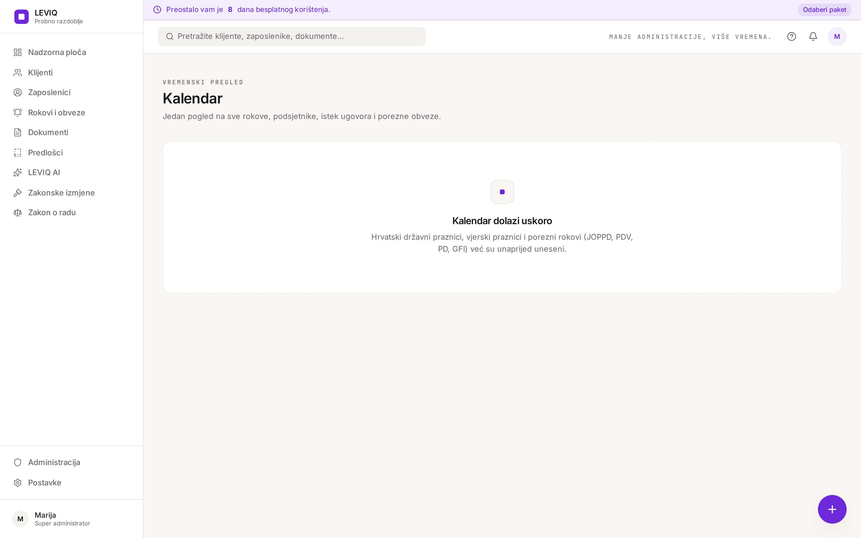 Mjesečni kalendar u LEVIQ-u s rokovima, podsjetnicima i obvezama