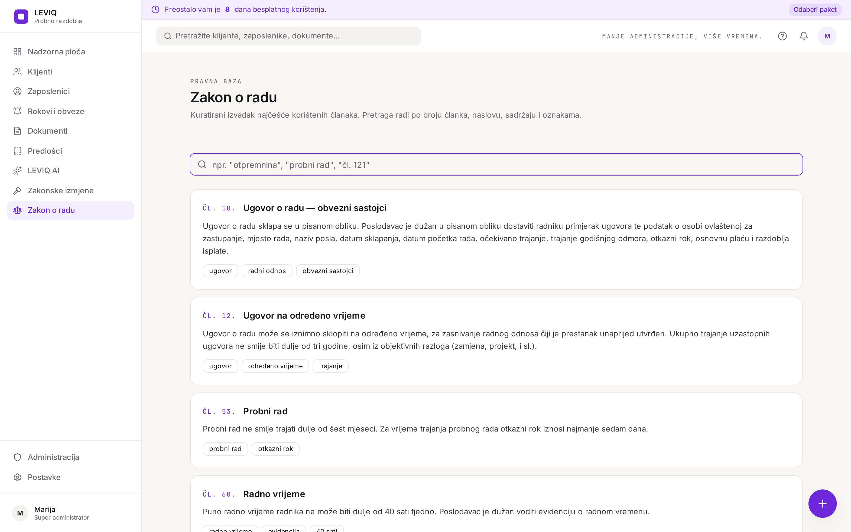 Pretraživanje članaka hrvatskog Zakona o radu unutar LEVIQ-a