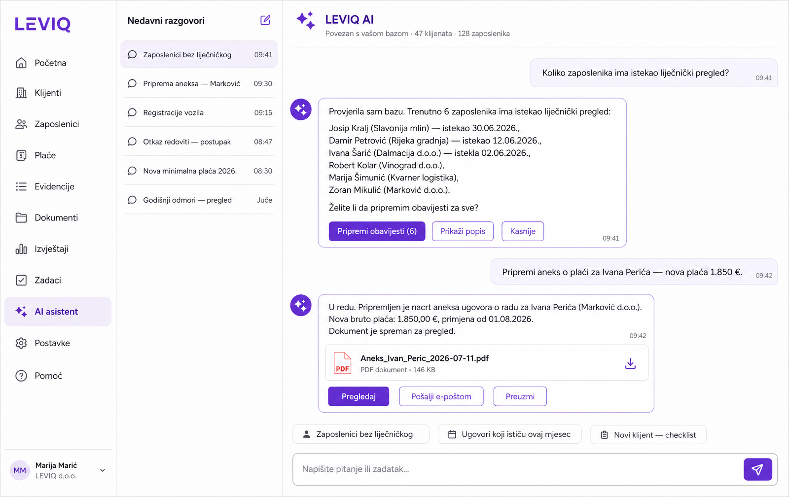 Prozor LEVIQ AI asistenta s odgovorom na upit o ugovorima koji istječu